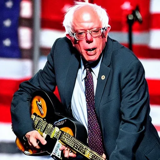 Prompt: bernie sanders as the frontman of an 8 0 s metal band, playing electric guitar