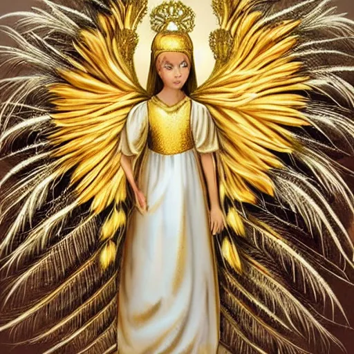 Prompt: beautiful angel with peacock feather ,golden armor