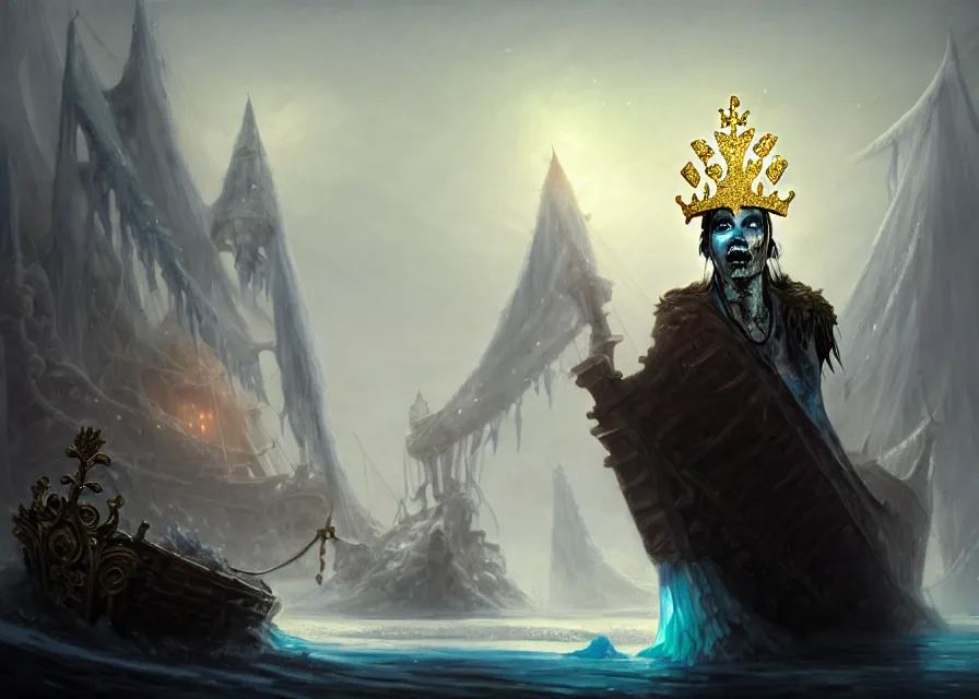 Prompt: frozen zombie king with gold crown, eyes are glowing, broken sailing ship boat in the background, is at dawn and bluish, fantasy, intricate, elegant, highly detailed, digital painting, artstation, concept art, matte, sharp focus, illustration, art by aenaluck and roberto ferri and greg rutkowski, epic fantasy, digital painting