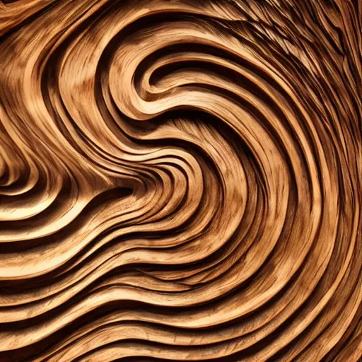 Image similar to a very intricate wood sculpture in the shape and texture of waves, fractal patterns, deep and expressive grain patterns, volumetric lighting, light rays, photorealistic, ultrarealistic, coronarender, 8k