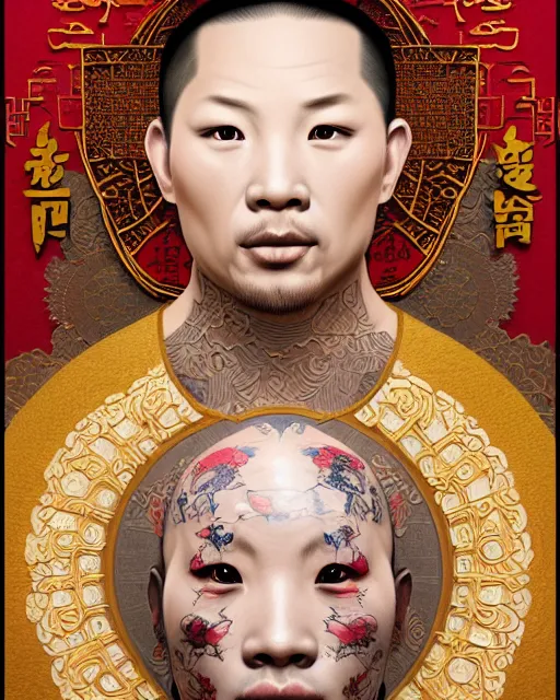 Image similar to portrait of corey taylor, upper half portrait, decorated with chinese opera motifs, asian, bian lian, traditional chinese art, intricate, elegant, highly detailed, symmetry, digital painting, artstation, concept art, smooth, sharp focus, illustration, art by artgerm and greg rutkowski and alphonse mucha, 8 k