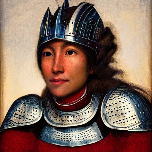 Prompt: head and shoulders portrait of a female knight, quechua!, cuirass, tonalist, symbolist, realistic, baroque, detailed, modeled lighting, grizzled, vignetting, indigo and venetian red, angular, smiling, eagle