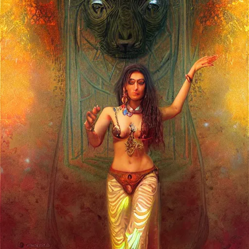 Image similar to cute female bellydancer wolf, anthropomorphic, stuning 3 d render, masterpiece, glowing holy aura, by donato giancola and greg rutkowski and wayne barlow and zdzisław beksinski, realistic face