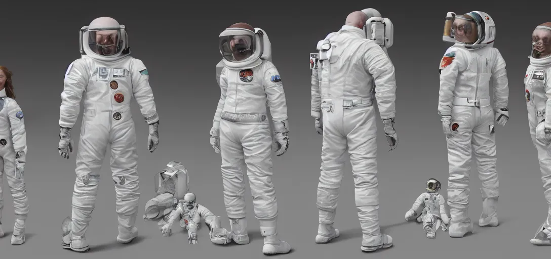 Prompt: character sheet concept art of sadie sink in a modern white spacesuit, realistic, hyperrealistic, photographic, costume, wlop, dan mumford, greg rutkowski, high detail, octane render, alexander mcqueen, james gurney, james jean, mucha, photo, 8 k, intricate