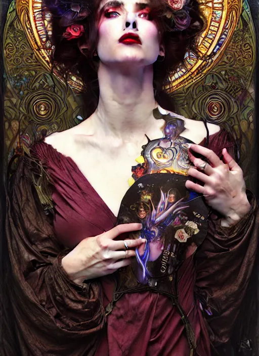 Image similar to hyper detailed masterpiece vampire girl duchess by donato giancola and tom bagshaw, face by artgerm and edmund leighton, and alphonse mucha, trending on artstation, colorful, psychedelic aesthetic, ornate, background by gustav klimt, 8 k, black gothic, majestic, volumetric lighting, porcelain skin, concept art, sharp focus