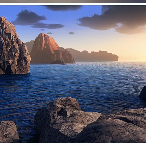 Image similar to super detailed color lowpoly art, northern sunset with rocks on front, monochrome photorealistic bay in the middle of perspective and mountains at background, big graphic seiner ship, unreal engine, high contrast color palette, 3 d render, lowpoly, colorful, digital art, perspective, full volume composition, robb cobb, syd mead