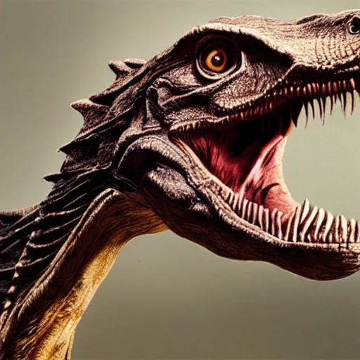 Prompt: velociraptor photographed by Annie Leibovitz