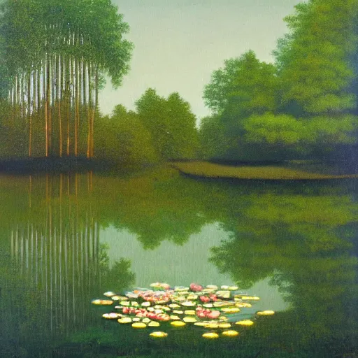 Image similar to a pond with water lillies in the forest, in the style of Rene Magritte,