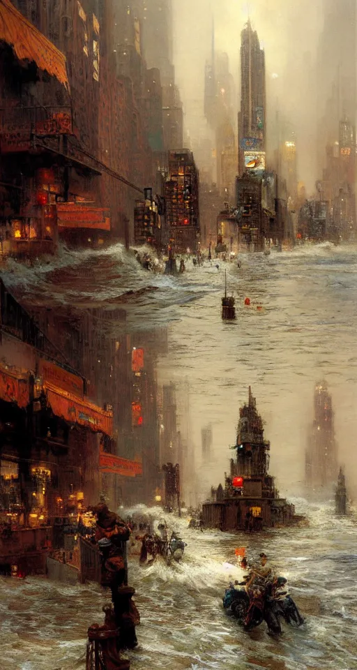 Image similar to the sea flooding the entire city of modern new york. you can see the water entering buildings highly detailed painting by gaston bussiere, craig mullins, j. c. leyendecker