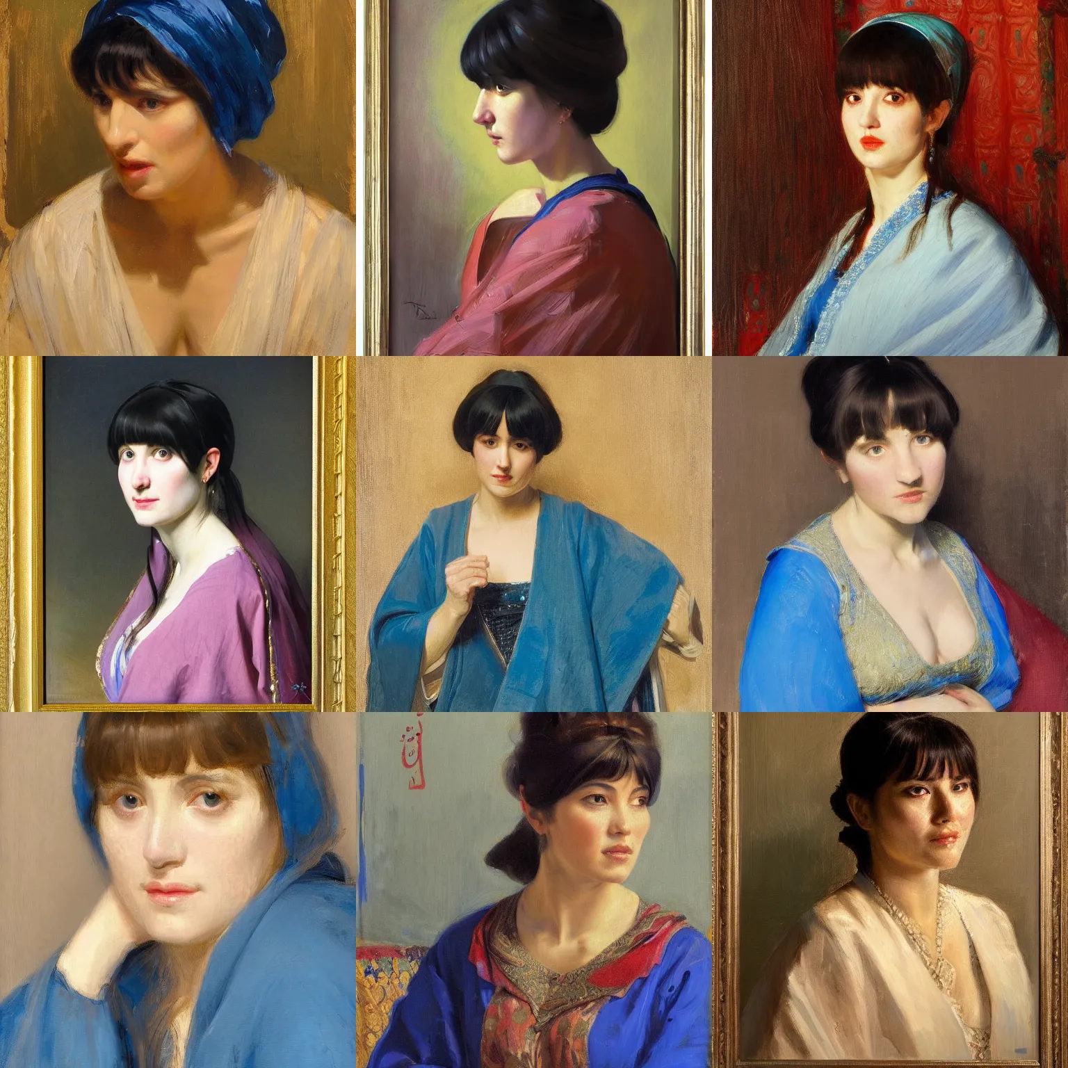 Prompt: orientalist portrait of a woman with thick bangs wearing a blue robe by Nasreddine Dinet and Theodore Ralli and Jean Discart and Anders Zorn, masterful intricate artwork. Oil on canvas, excellent lighting, high detail 8k