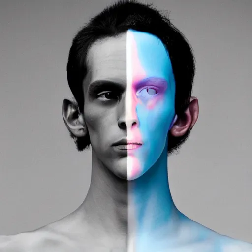 Prompt: a young beautiful slim athletic male with mexican facial features with alien dna, his skin has a pink and blue ombre hue, his eyes pupils are translucid and his hair moves with the wind, photographed by erwin olaf