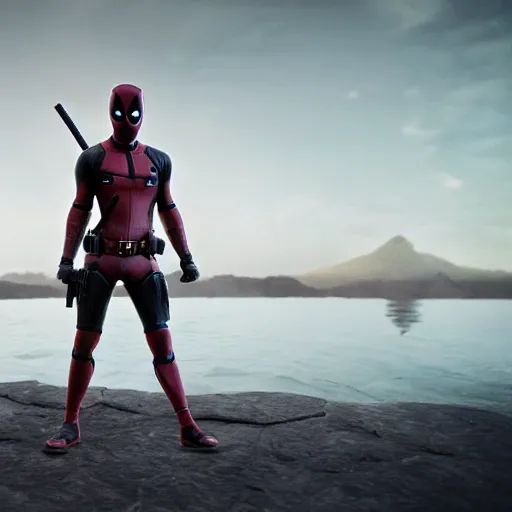 Image similar to full body pose, photograph of deadpool swimsuit, dim volumetric lighting, 8 k, octane beautifully detailed render, extremely hyper detailed, intricate, epic composition, cinematic lighting, masterpiece, very very detailed, stunning, hdr, smooth, sharp focus, high resolution, award, winning photo, dslr, 5 0 mm