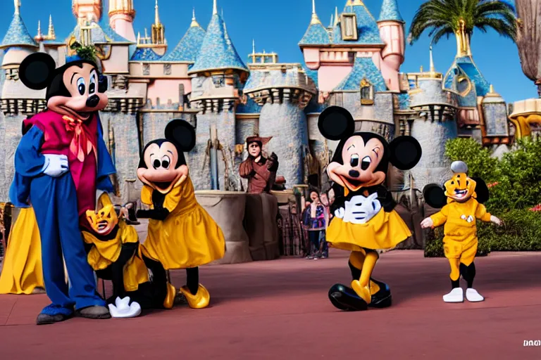 Image similar to an awkward interaction with grossly deformed costumed characters at disneyland. children are terrified. highly detailed, 1 6 k resolution, ultra realistic