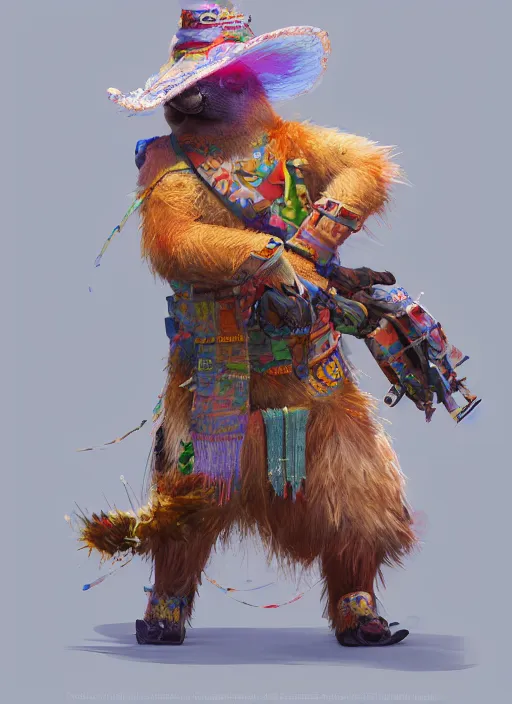 Image similar to detailed full body concept art illustration colorful pastel painting of an anthropomorphic capybara cowboy in full intricate clothing, biomutant, ultra detailed, digital art, octane render, 4K