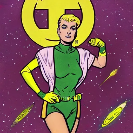 Prompt: a stoic heroic butch blonde emotionless woman, with very short slicked - back hair. she is dressed as an atompunk space hero. well composed, clean elegant painting, beautiful detailed face. comic book art by steve ditko and jack kirby and ( alphonse mucha )