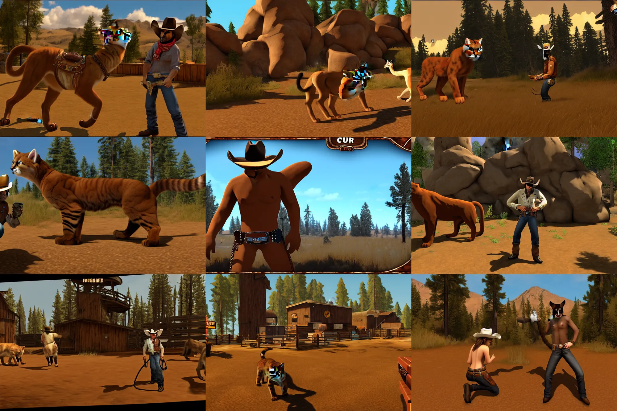 Prompt: furry - cougar - cowboy uhd pc game screenshot : meowdy