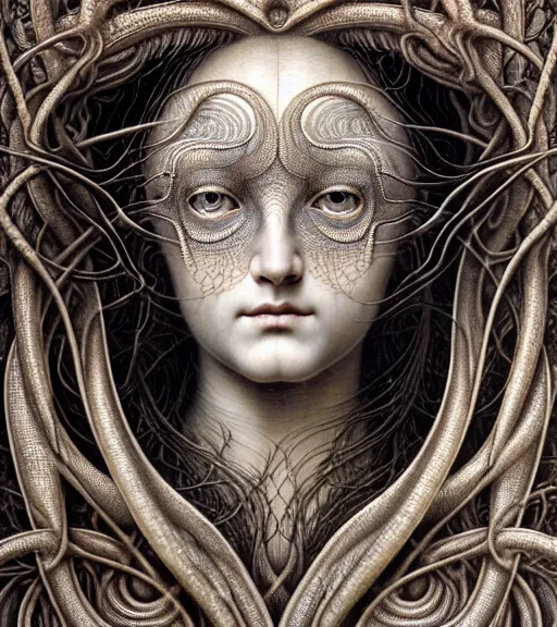 Prompt: detailed realistic beautiful eye goddess face portrait by jean delville, gustave dore, iris van herpen and marco mazzoni, art forms of nature by ernst haeckel, art nouveau, symbolist, visionary, gothic, neo - gothic, pre - raphaelite, fractal lace, intricate alien botanicals, ai biodiversity, surreality, hyperdetailed ultrasharp octane render