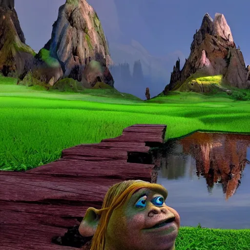 Image similar to BEAUTIFUL LANDSCAPE WITH LAKES MADE OUT OF BLOOD, REALISM, HELL, 8K, SHREK CONSUMES BONES, 100K, UNREALESED SHREK MOVIE, 8K