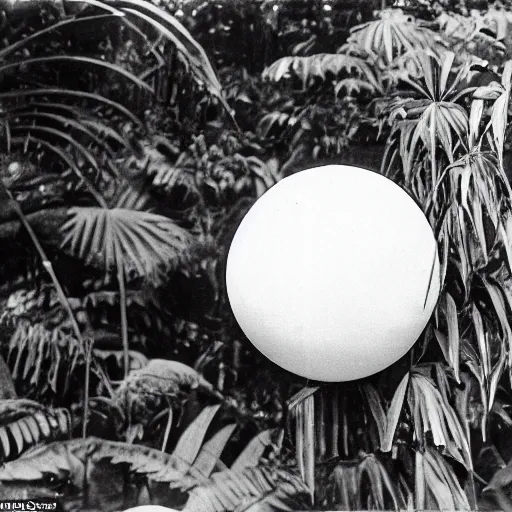 Prompt: a rizom lost film footage of a ( ( ( ( ( ( ( ( sphere ) ) ) ) ) ) ) ) in the middle of the tropical jungle / tropicalism / tropicalism / tropicalism / film still / cinematic / enhanced / 1 9 2 0 s / black and white / grain