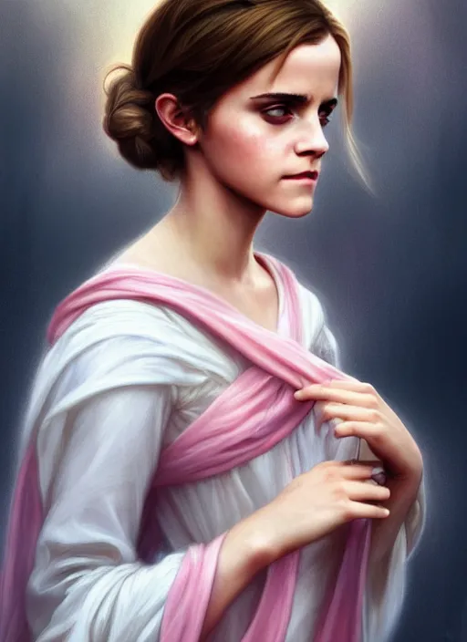 Prompt: emma watson as magic healer, long hair, white and pink cloth, shiny background, intricate, elegant, highly detailed, digital painting, artstation, concept art, smooth, sharp focus, illustration, artgerm, bouguereau