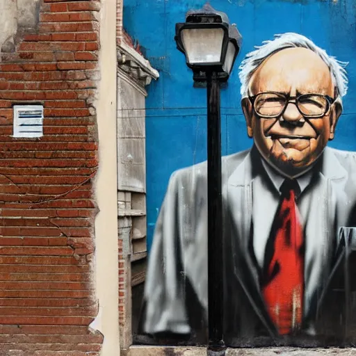 Prompt: A photograph of a Banksy painting of Warren Buffet in Venice