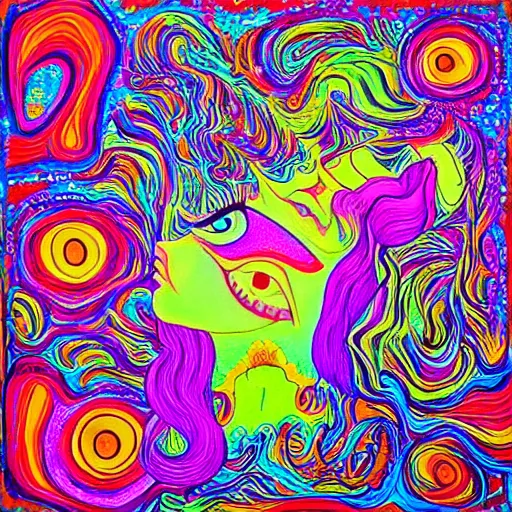 Image similar to “alice in wonderland tripping on LSD. in the style of Alex Grey.”