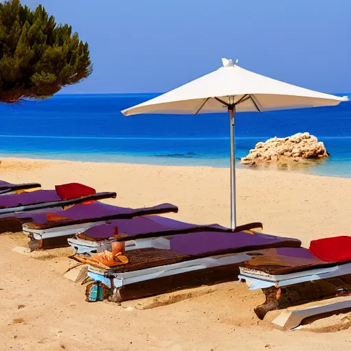 Prompt: sunbeds on Elafonissi Beach in crete, 8k resolution, hyper detailed, professional photograph