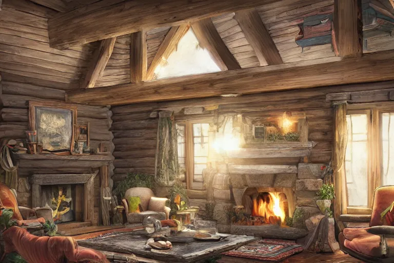 Image similar to wooden cottage, living room, elves sitting on the couch, traditional fireplace, concept art