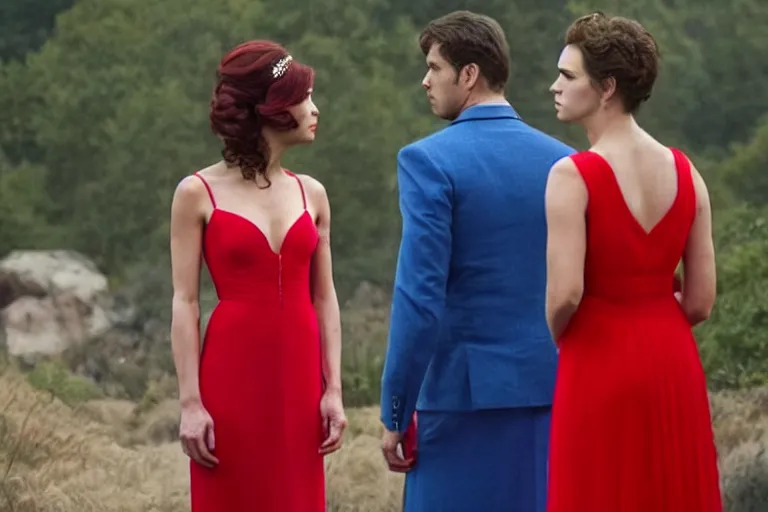 Image similar to full body film still of a man longingly looking at a far away woman in a red dress as a woman in a blue dress looks disgusted at the man in the new romance comedy movie, dramatic angle, dramatic lighting