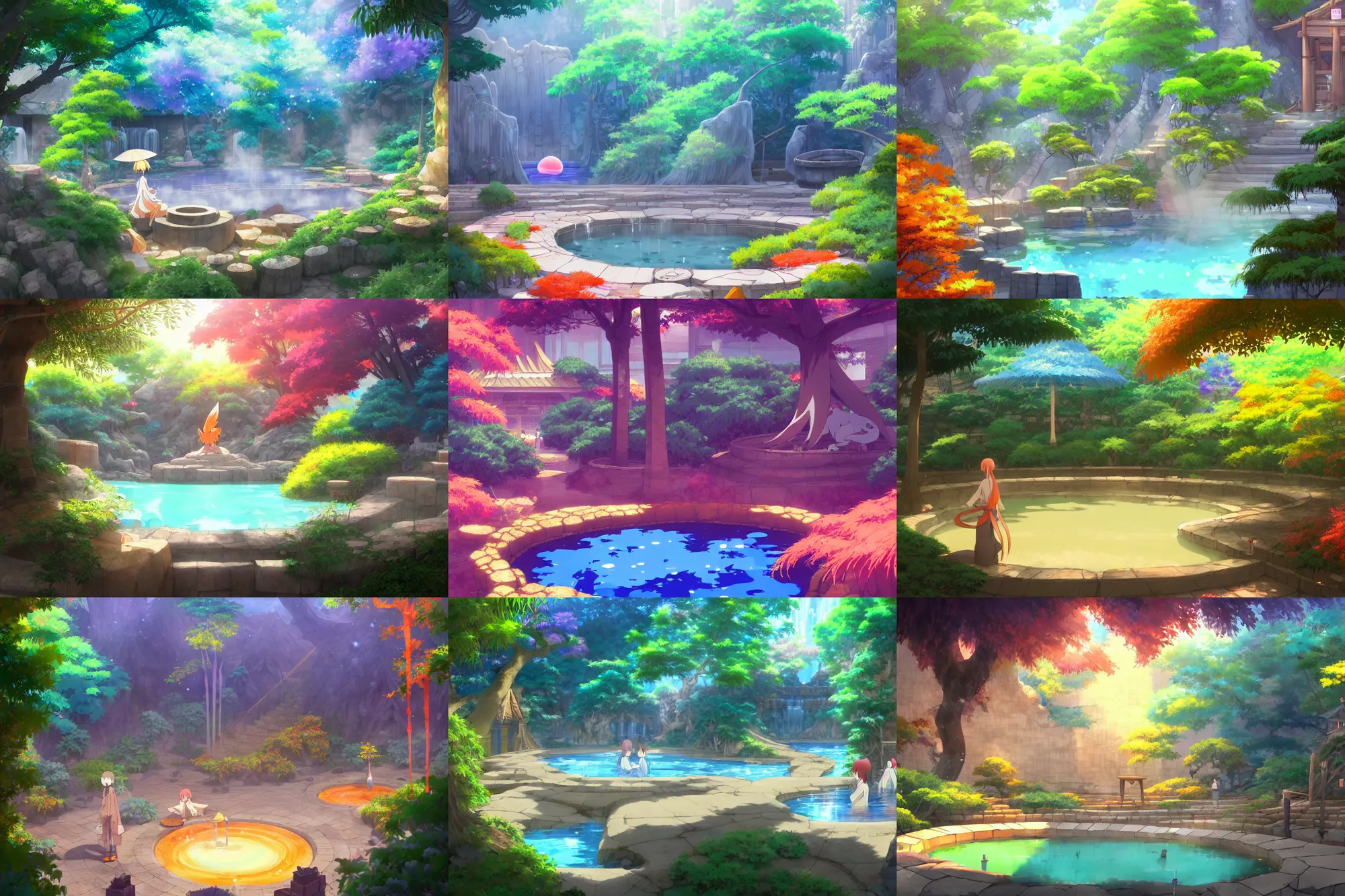 Prompt: a natural hotspring in the courtyard of a colorful kitsune wizard college, anime movie background, key visual, bamboo, shishi - odoshi, a fantasy digital painting by makoto shinkai and james gurney, trending on artstation, highly detailed