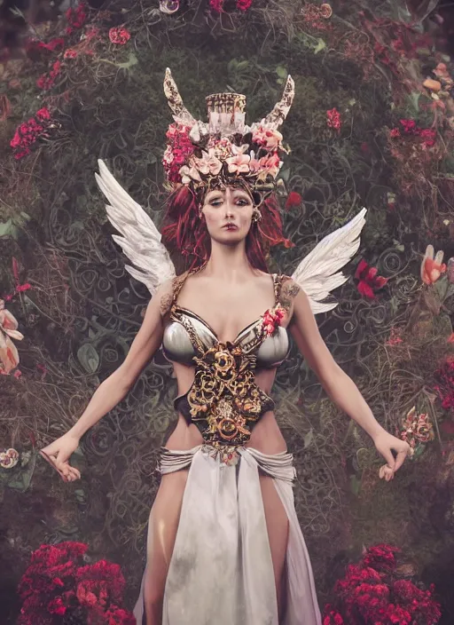 Prompt: full body environmental portrait photo of a female model as angel, ornate headpiece made from flowers, ornaments, glamour shot by gemmy woud - binnendijk, chris knight, photorealistic, canon r 3, fashion photography, ornate, symmetrical features, octane render, unreal engine, solid dark background, clamp shell lighting, rim lighting