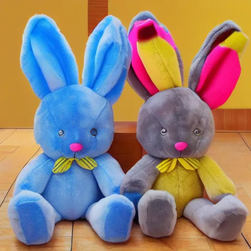 Image similar to plush stuffed animal bunny, fabric, marketing, bright, colorful, kids toy
