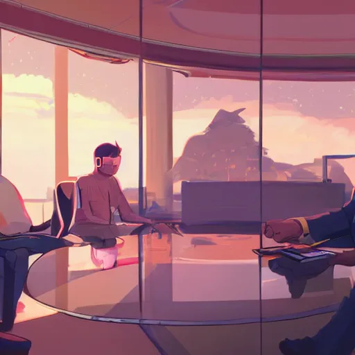 Prompt: Illustration of the secret meeting between Elon Musk, Jeff Bezos and Mark Zuckenberg to create the great simulation by Makoto Shinkai and James Gilleard