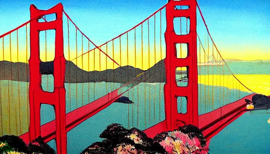 Image similar to Golden Gate Bridge, San Francisco, illustrated by Bob Ross, very detailed