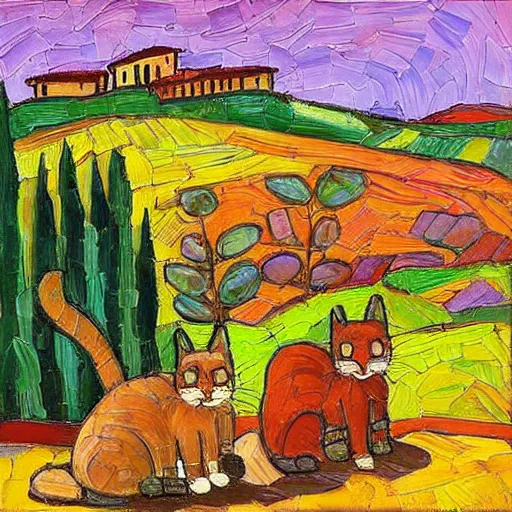 Prompt: cats in tuscan landscapes, art by erin hanson