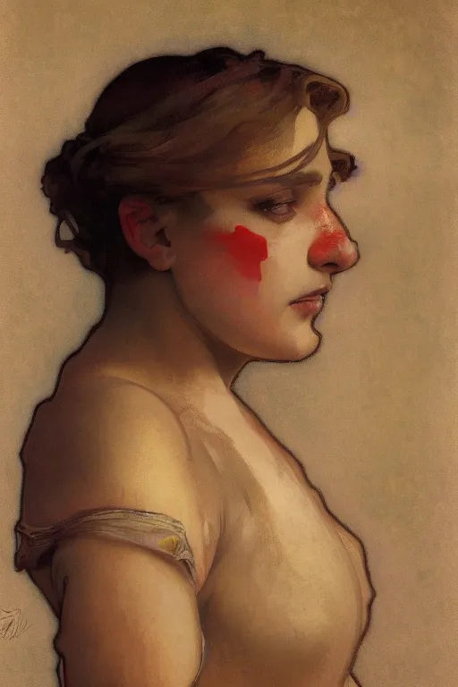 Prompt: mixing secondary colors with oil paint by alfons maria mucha, sophisticated, photoreal, symmetrical portrait, pudgy, upturned nose, clear facial features, character concept art, cinematic, rembrandt lighting, 4 k, 8 k, celtic norse frankish, mood lighting, real skin, subsurface scattering light