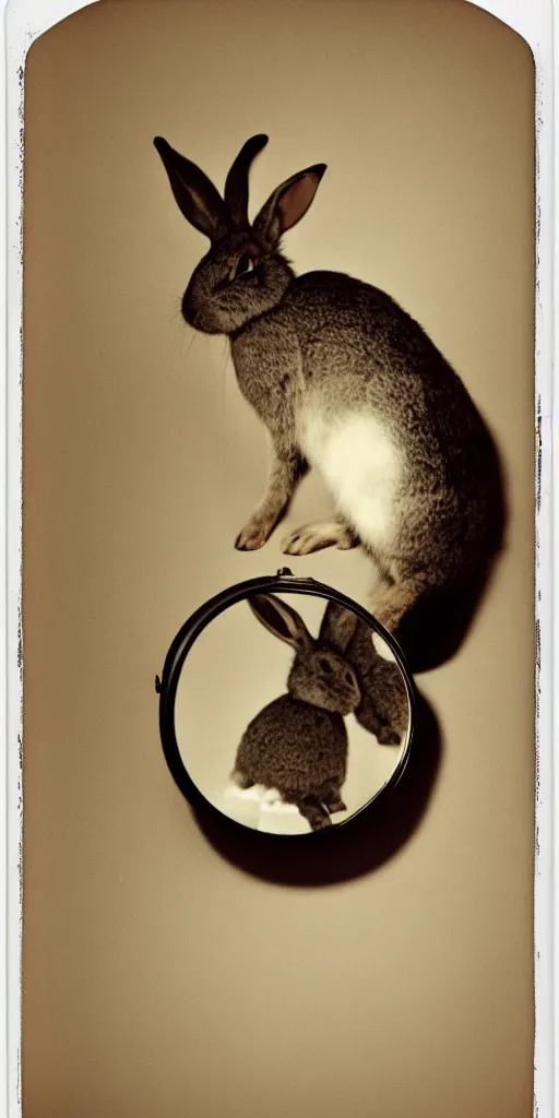 Prompt: a rabbit looking into a mirror, polaroid,