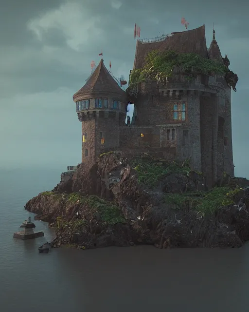 Image similar to a castle on an island. Dark stormy sea. intricate artwork by Tooth Wu and wlop and beeple. octane render, hyper realism, 8k