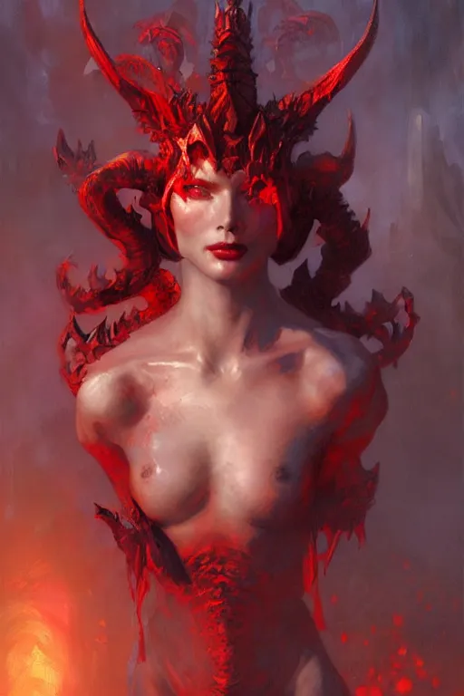 Prompt: attractive demon queen with red eyes painting by gaston bussiere, craig mullins, luis rollo, torso portrait, digital painting, highly detailed, artstation, sharp focus, illustration, concept art