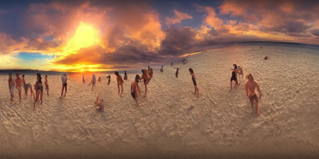 Prompt: 3 6 0 panorama hdr environment map of being on a beach party with sand bar dancing people music light sunset photograph very high detail focus octane render