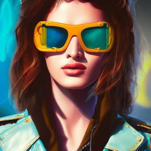 Image similar to closeup painting of a very beautiful young mexican cyberpunk woman with a smirk, wearing light blue shutter shades and a dark brown leather jacket, one side haircut, brown hair, portrait, hyperdetailed, artstation, cgsociety, 8 k, synthwave by tangerine dream