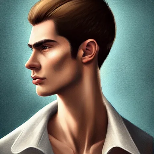 Prompt: tall man in his twenties with brown blond short quiff hair and thin round facial structure with cleft chin, straight eyebrows and prominent nose, good definition of cheekbones, big hazel nut brown eyes, narrow face, atmospheric lighting, painted, intricate, 4 k, highly detailed by charlie bowater