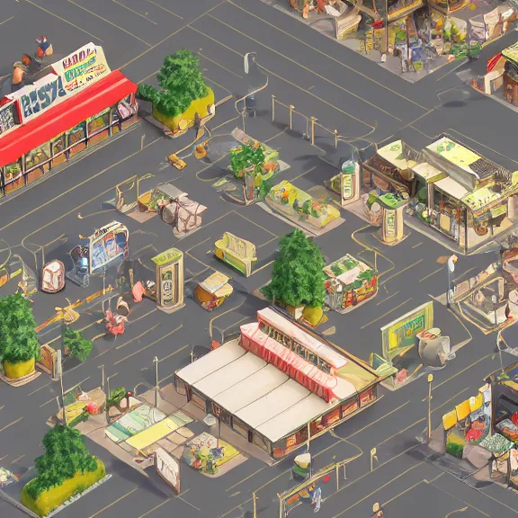 Image similar to isometric view of the busytown bakery, soft warm lighting, by greg rutkowski and studio ghibli, 8 k, photorealistic, in the style of disco elysium screenshot, extreme detail, octane render