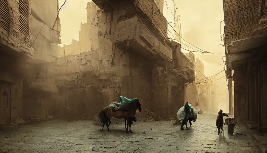 Prompt: old jeddah city alley, roshan, old shops, horse, magical glowing time portal, a nomad wearing a worn out torn coat, dramatic lighting sci fi, by caspar david friedrich by beeple and james gilleard and justin gerard, centered, artstation, smooth, sharp focus, photoreal octane render, 3 d, by jean baptiste monge