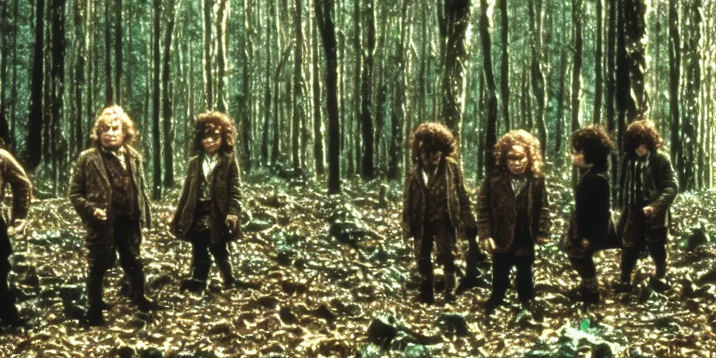 Image similar to A full color still from a Stanley Kubrick film featuring four hobbits, from behind, in a dark forest, 35mm, 1975