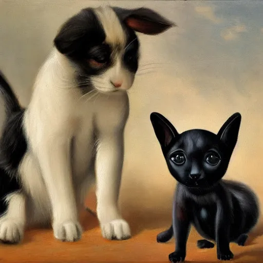 Image similar to oil in canvas of a puppy dog, a black rabbit and a siamese cat,