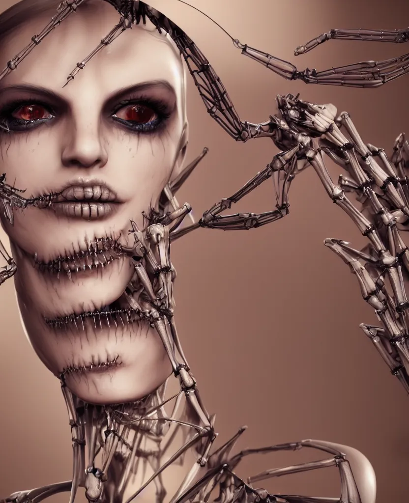 Prompt: close-up macro portrait of the face of a beautiful fashion girl with makeup, epic angle and pose, ribcage skeleton symmetrical artwork, 3d with depth of field, blurred background, cybernetic machine female face, translucent, nautilus, energy flows of love and hate, a highly detailed epic cinematic concept art CG render. made in Maya, Blender and Photoshop, octane render, excellent composition, cinematic dystopian brutalist atmosphere, dynamic dramatic cinematic lighting, aesthetic, very inspirational, arthouse, Greg Rutkowski, Ilya Kuvshinov, WLOP, Stanley Artgerm Lau, Ruan Jia and Fenghua Zhong
