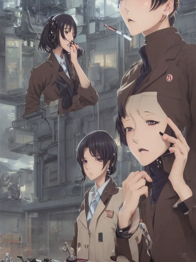 Image similar to Portrait of an anime woman smoking a cigarette, standing in front of a cyborg repair shop, intricate school uniform, whole body, feminine figure, smooth skin, gorgeous, pretty face, beautiful fashion model body, high detail, hyper realistic, while a lone futuristic military cargo ship flies overhead, by Greg Rutkowski and Krenz Cushart and Pan_Ren_Wei and Hongkun_st and Bo Chen and Enze Fu and WLOP and Madhouse Inc., anime style, crepuscular rays, set in rainy futuristic cyberpunk Tokyo street, dapped light, dark fantasy, cgsociety, trending on artstation