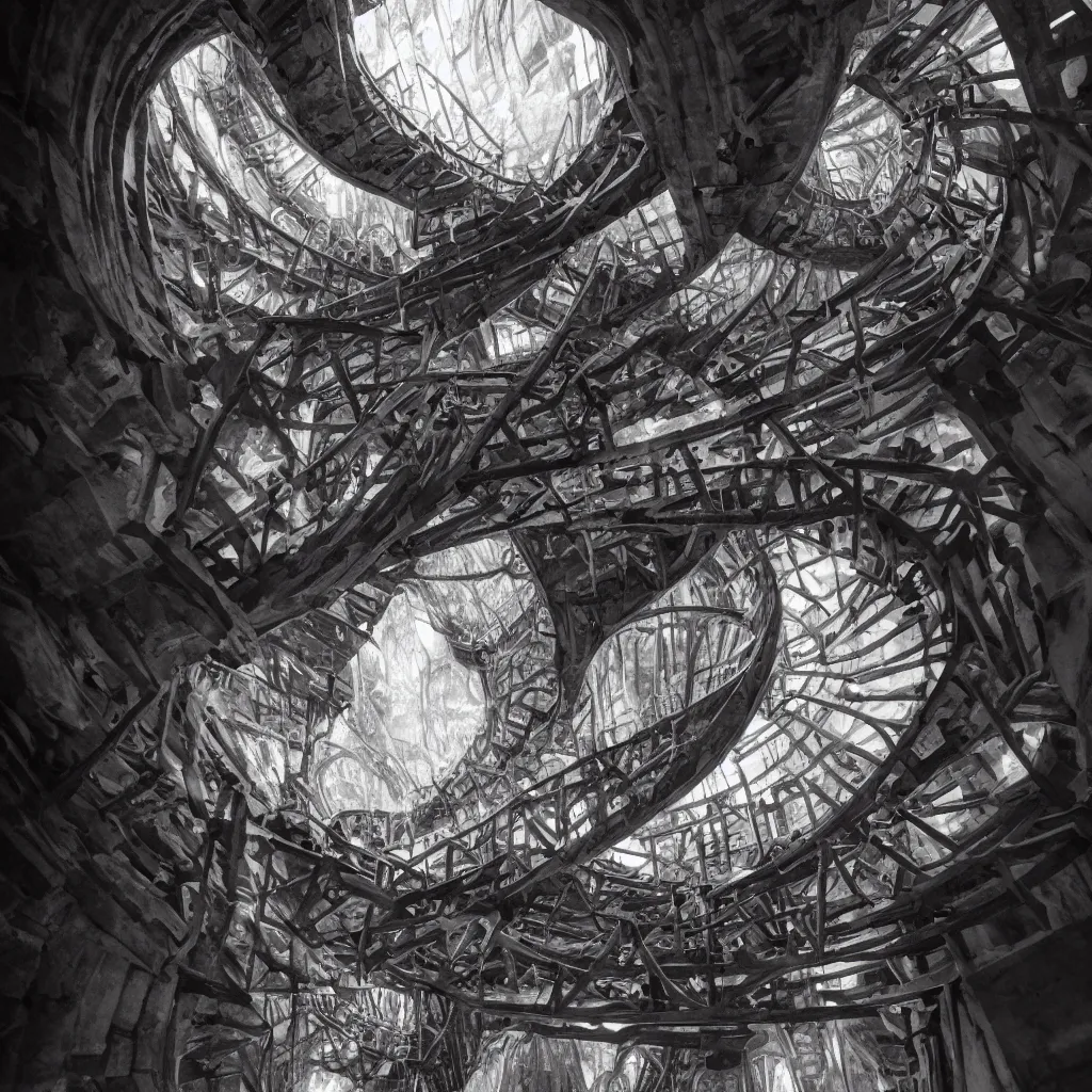 Prompt: , grand spiral stairs going down deep in a dark hole, many doors, by antoni gaudi and greg rutkowski, dramatic volumetric cinematic light, chiaroscuro, cinematic, hyperrealist, high detailed