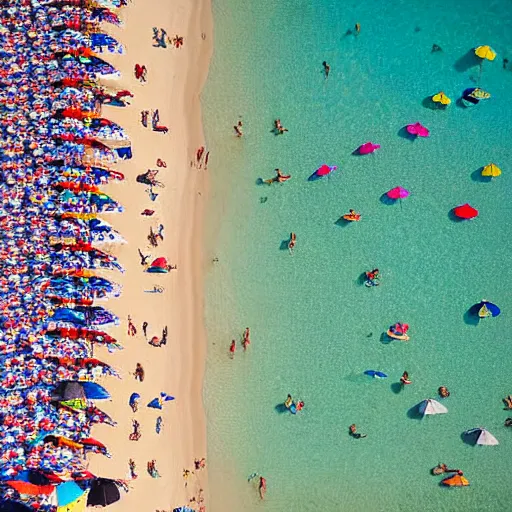 Image similar to photograph beachscapes from an almost perpendicular angle, Aerial view of sandy beach with umbrellas and sea, Aerial of a crowded sandy beach with colourful umbrellas, sun bathers and swimmers during summer, by Tommy Clarke